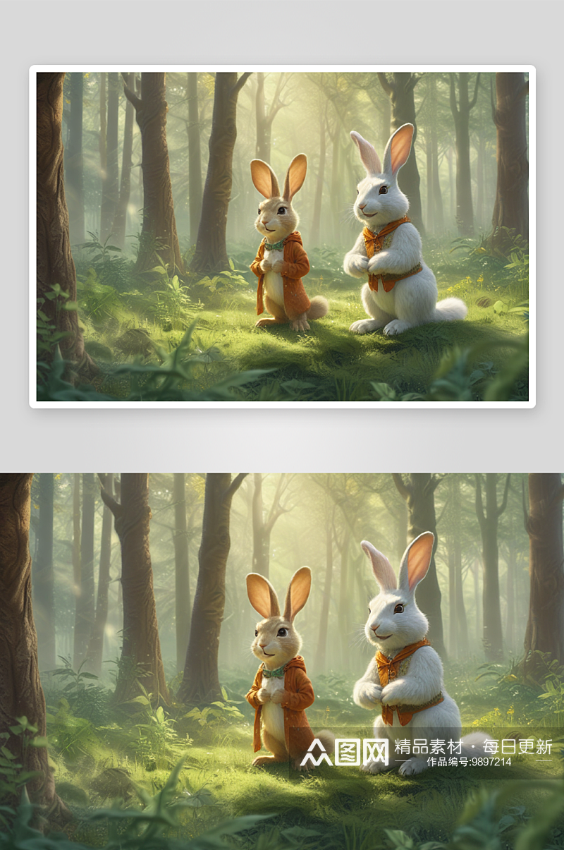 森林奇兔与自然和谐相处的小动物素材