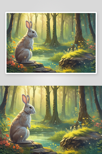 森林奇兔与自然和谐相处的小动物