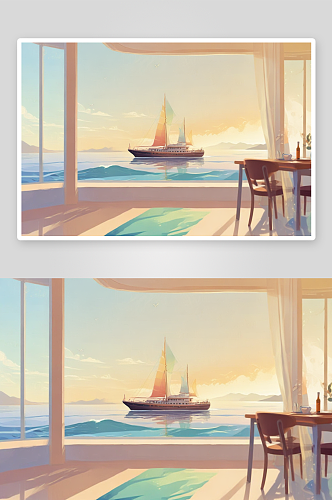 船影漂浮船只插画的宁静之美