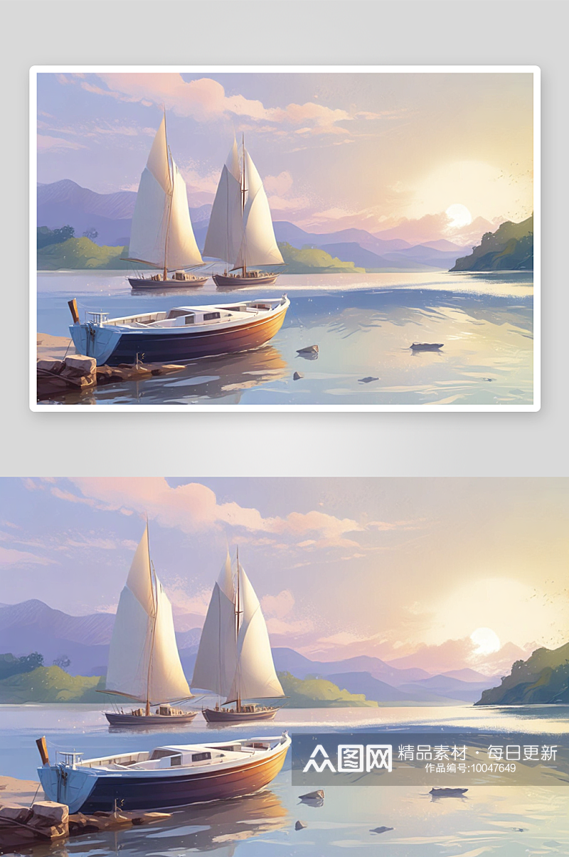 船影漂浮船只插画的宁静之美素材