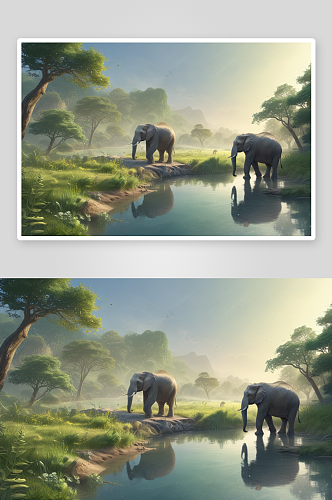 幸福快乐的森林大象图画