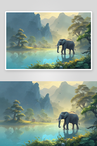 幸福快乐的森林大象图画