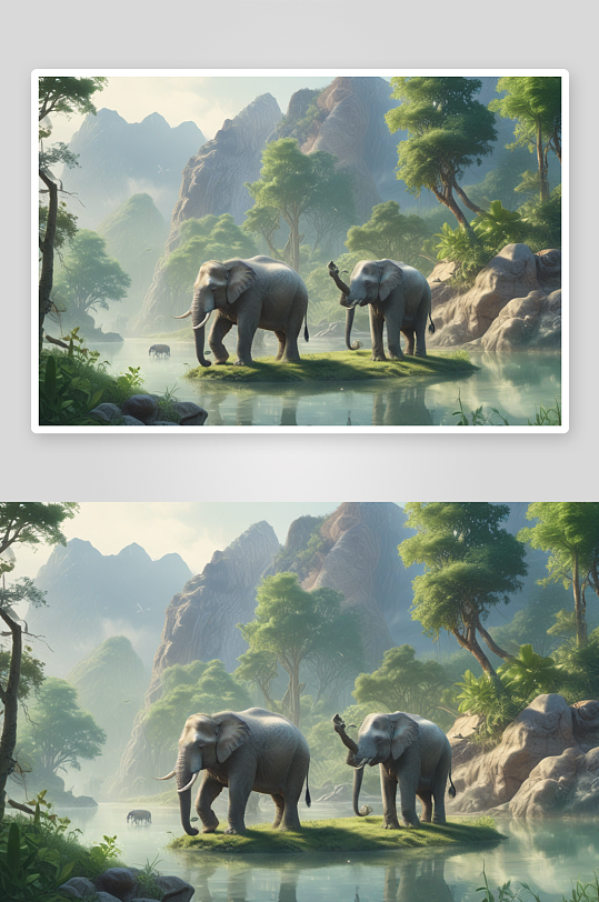 快乐欢笑的森林大象图画作品