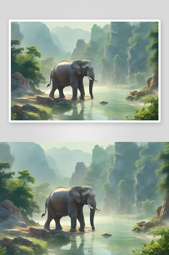 快乐欢笑的森林大象图画作品
