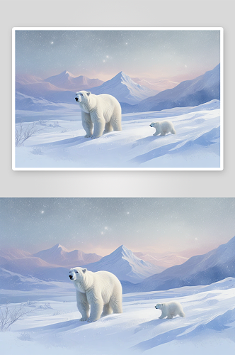 童真童趣的冰川北极熊图画创作