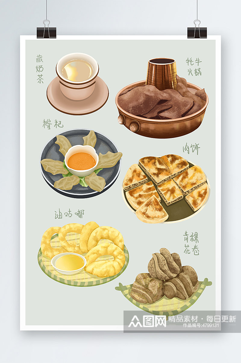 手绘耗牛火锅藏奶茶西藏特色美食元素插画素材