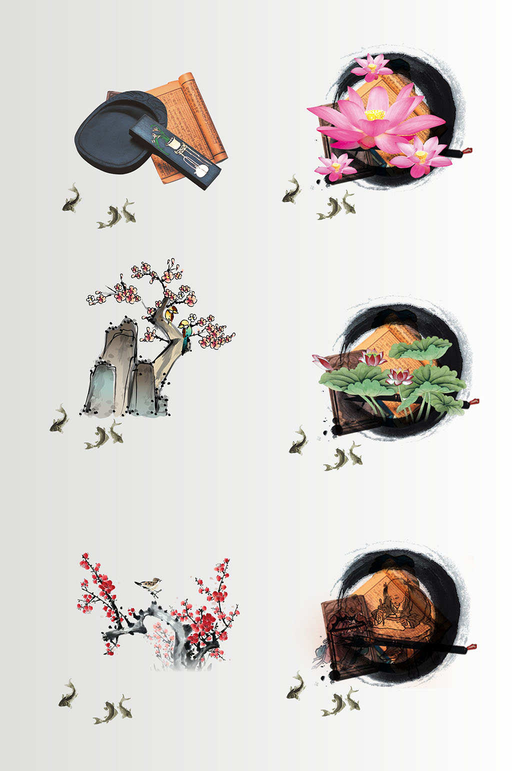 校园古典水墨分层元素素材