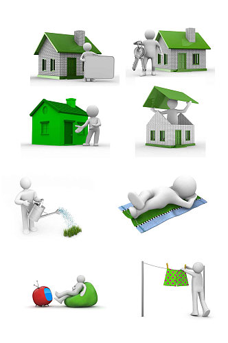 绿色3D房子人物场景造型元素