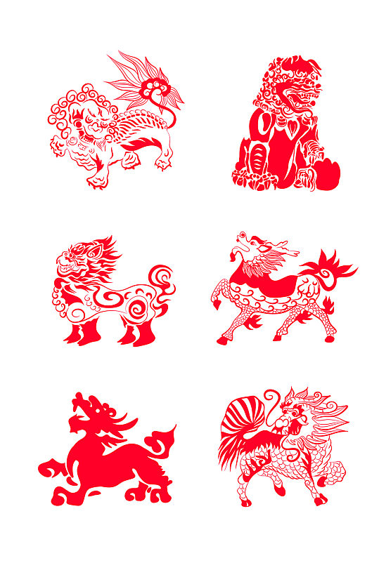 麒麟神兽剪纸窗花矢量图