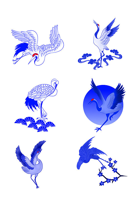 青花瓷蓝色仙鹤矢量图