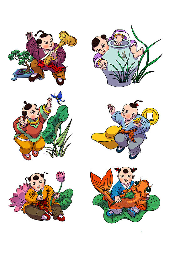 春节复古年画年画娃娃合集手绘