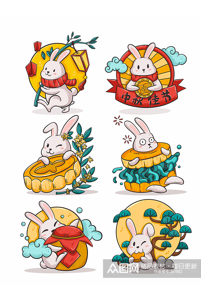 秋节兔子玉兔月饼手绘素材