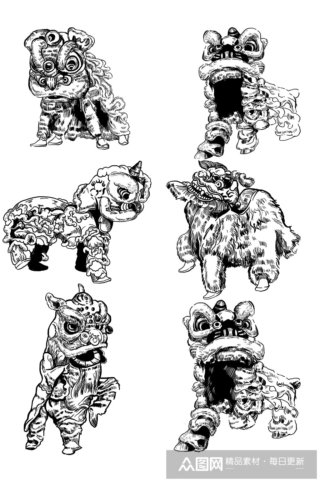 醒狮舞狮手绘黑白线描