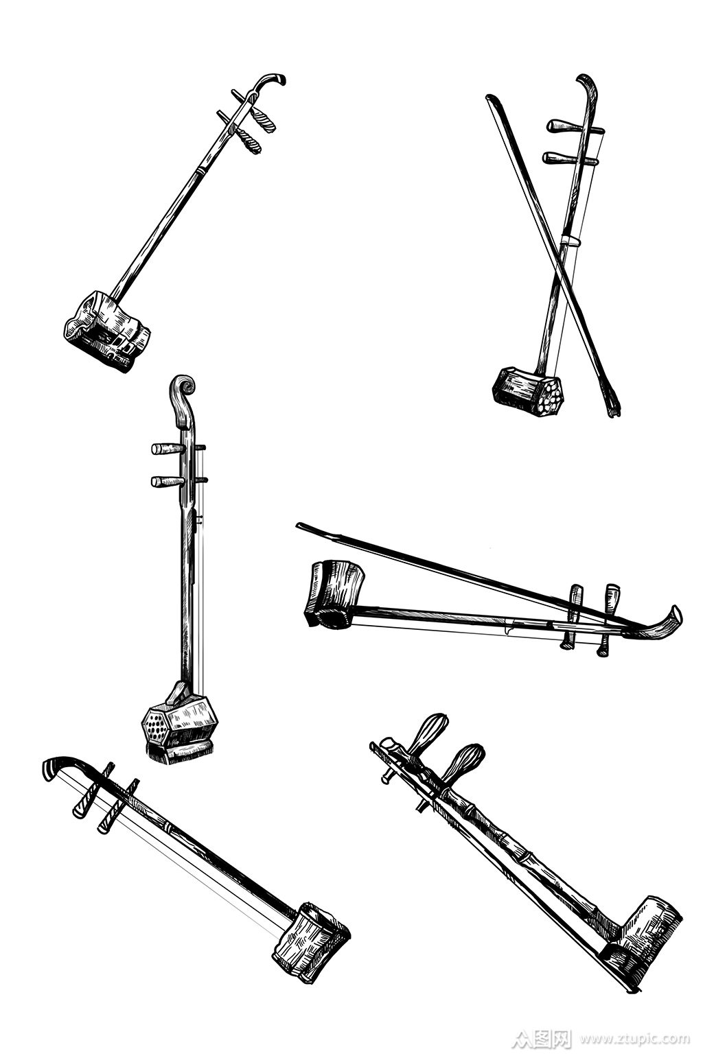 二胡写实手绘黑白线描