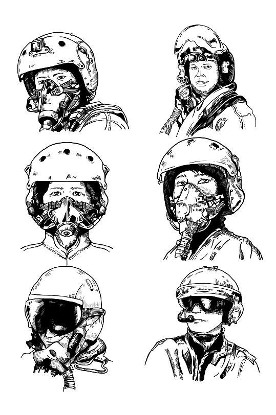 飞行员写实手绘黑白线描-众图网