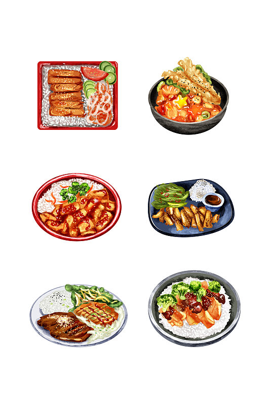 手绘水彩风鸡排饭美食