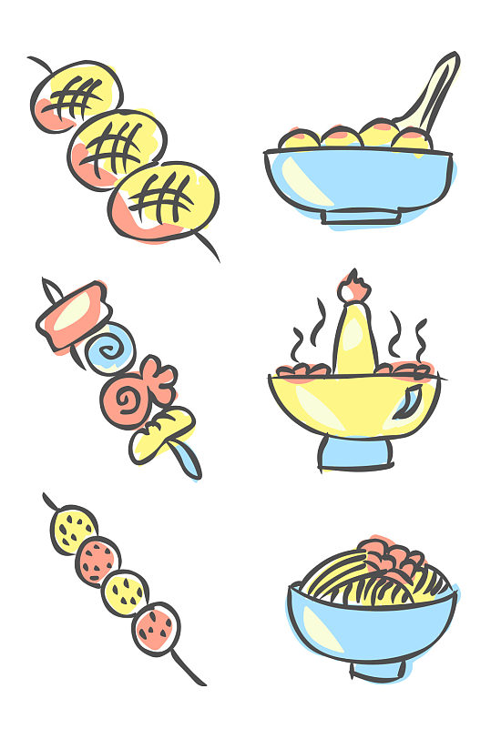 手绘可爱卡通烧烤夜宵 面条矢量图