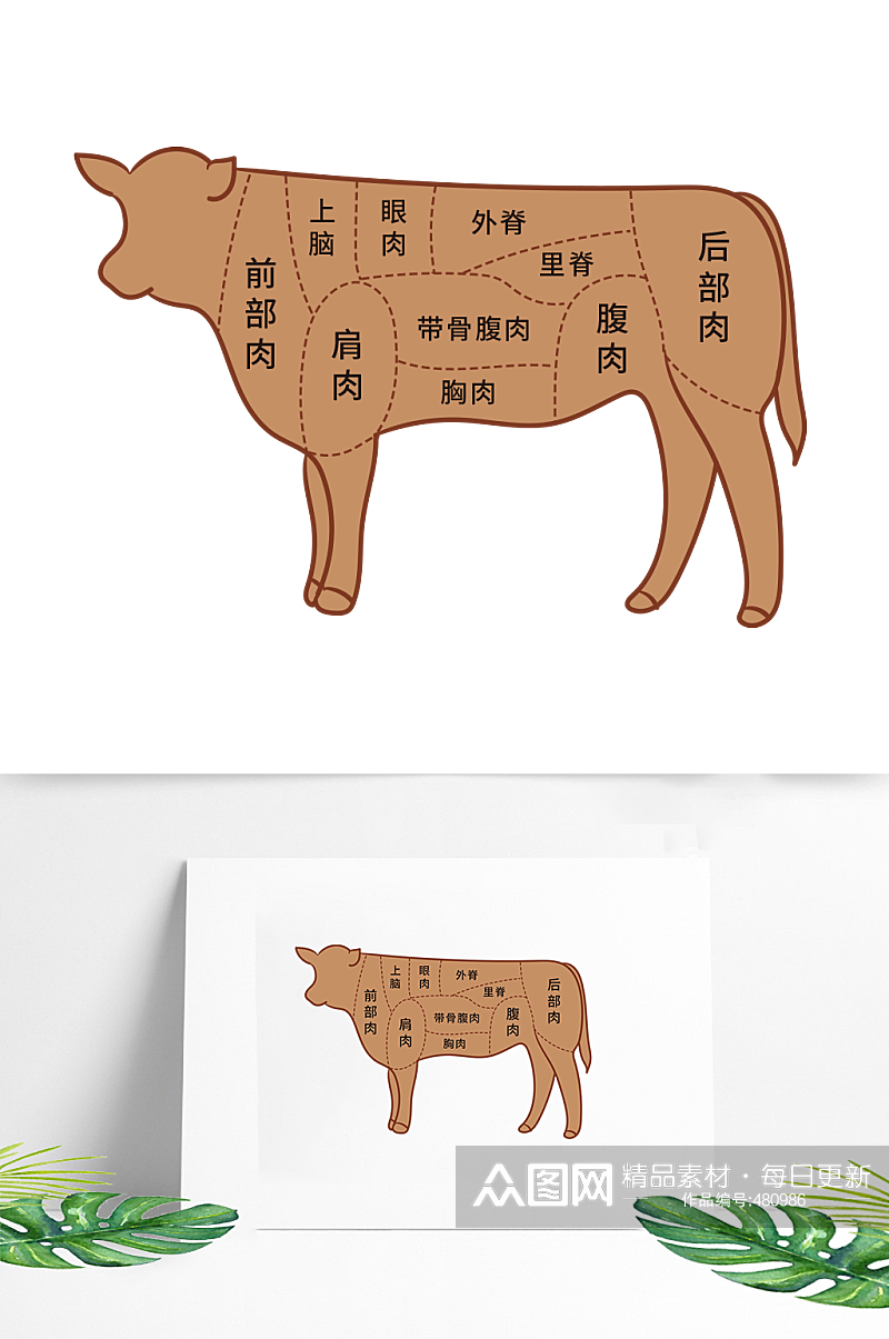 矢量手绘牛肉部位分解图素材