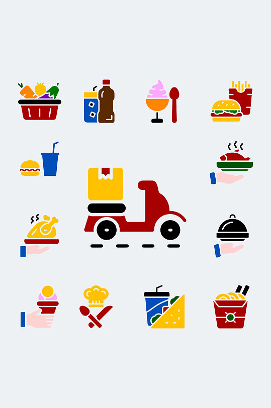 元素002外卖餐车送餐快递插画元素面条热狗鸡腿餐车外卖矢量元素手绘