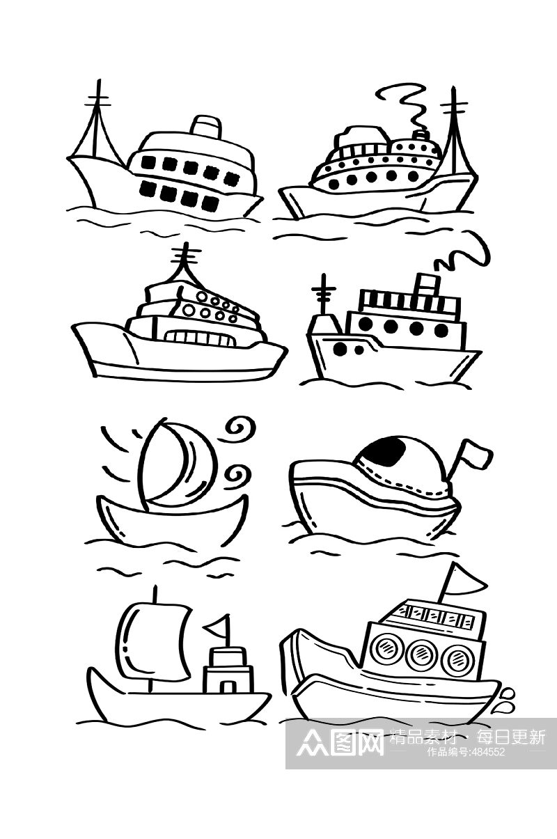 手绘卡通航海帆船素材