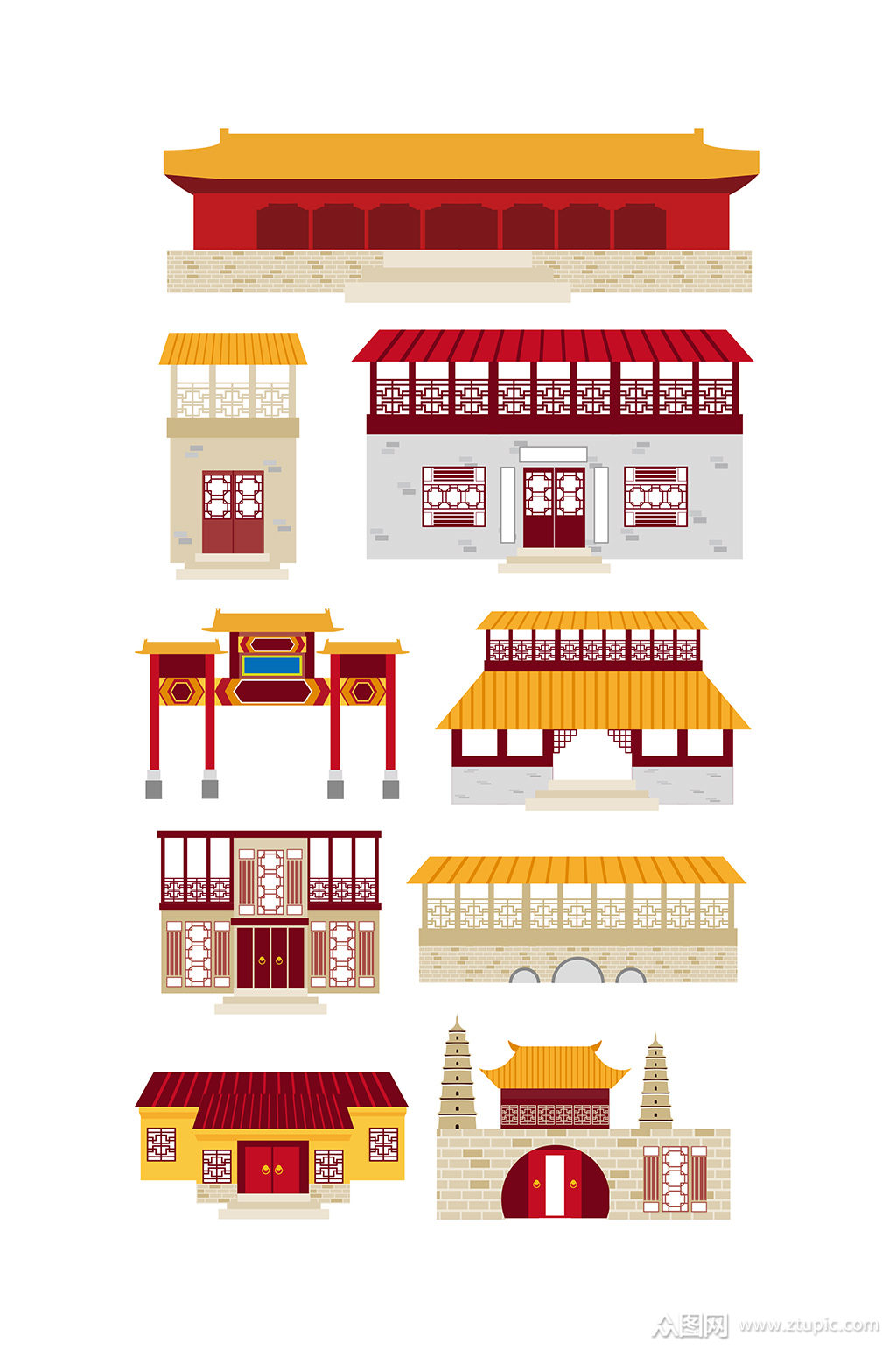 中国古代建筑物手绘素材