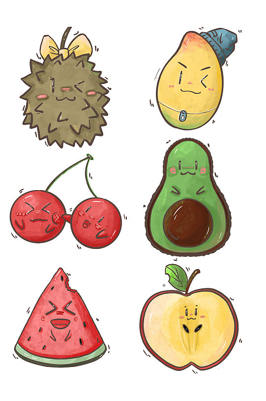 水彩拟人水果牛油果榴莲