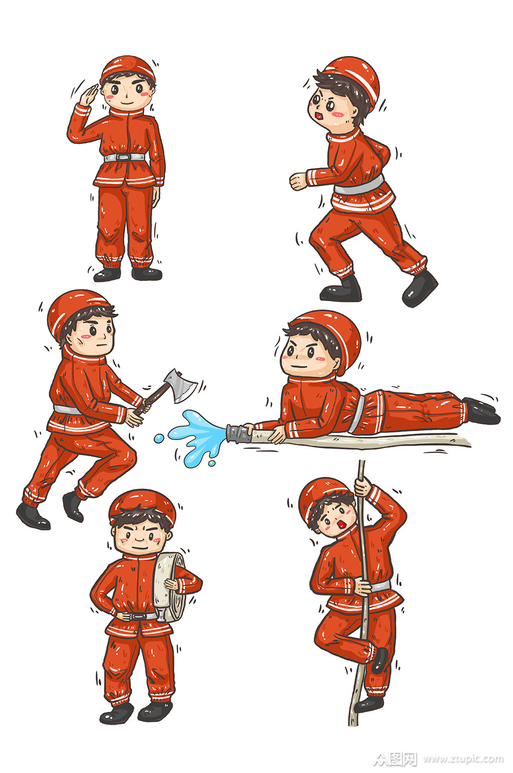 手绘消防员斧头战士火苗