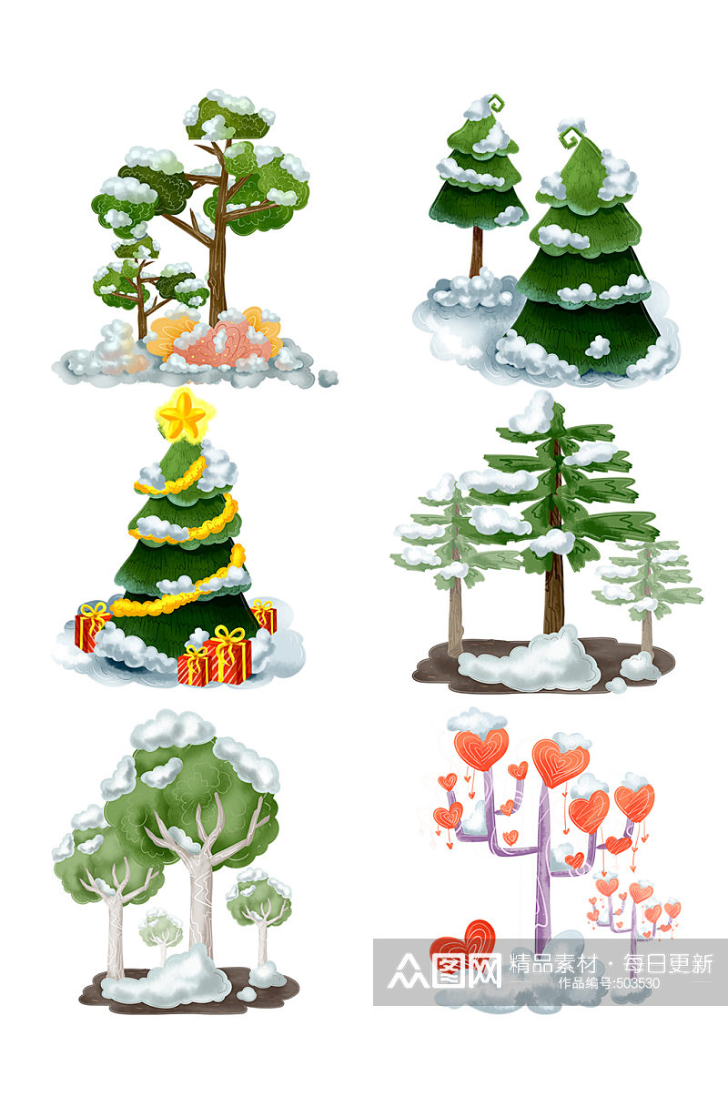 手绘冬季下雪雪树圣诞节素材