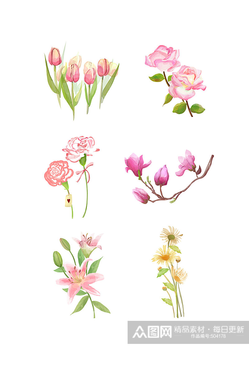 手绘水彩风清新植物花卉 母亲节素材元素素材