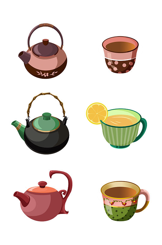 手绘茶具茶饮元素免抠png陶瓷茶壶茶杯
