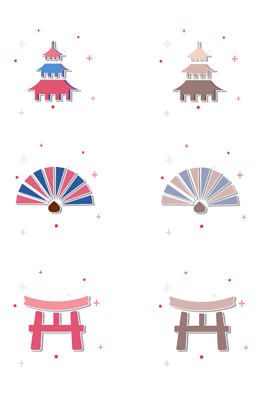 卡通手绘风日系和风日本塔折扇神社图标