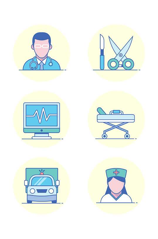 卡通简约蓝色线性医生护士医疗 护士节素材免抠元素