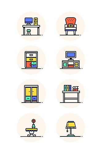 卡通线性彩色家具系列icon