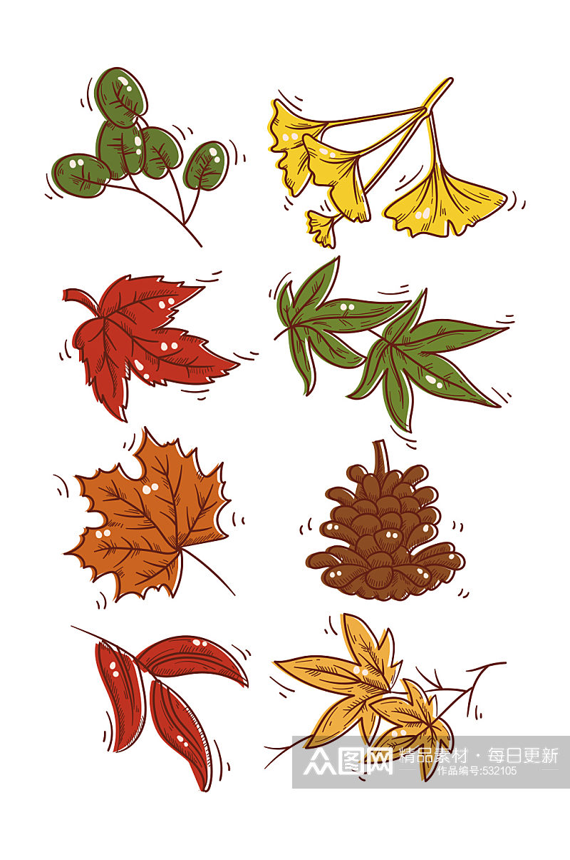 手绘矢量秋季植物叶子装饰素材