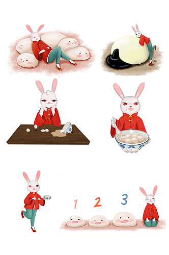 手绘可爱卡通兔子与汤圆