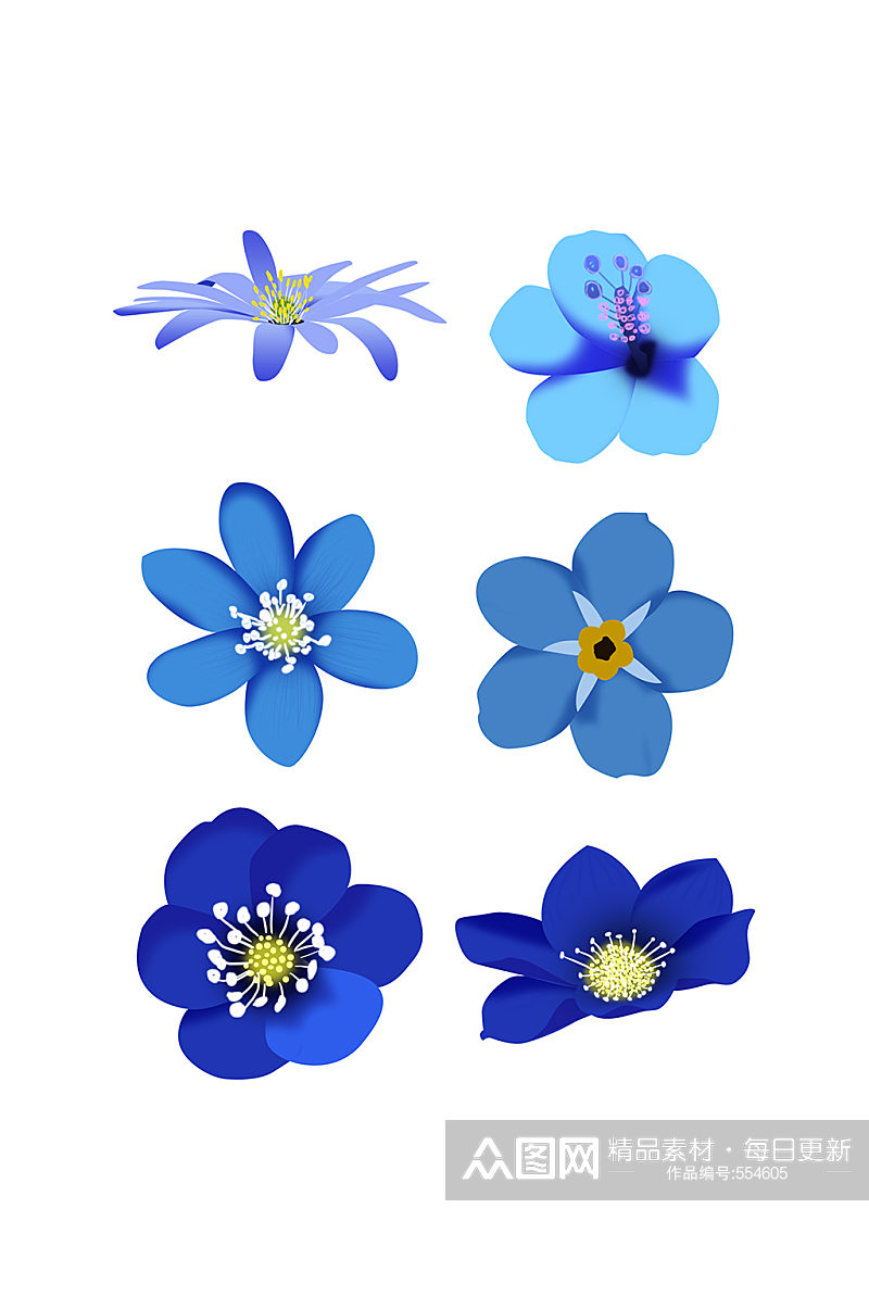 花朵蓝色小清新手绘风元素组合素材