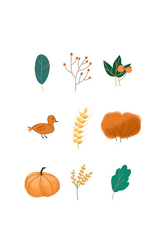 清新可爱秋天手绘卡通植物小鸟合集