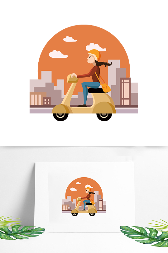 简约扁平卡通电车电动车电瓶车摩托