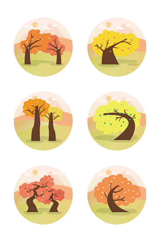 简约扁平卡通可爱秋树植物矢量元素 大树矢量图