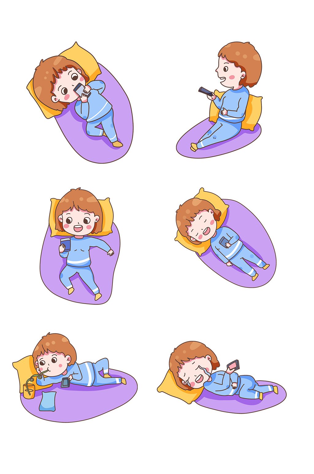 卡通手绘人物躺着玩手机女孩系列