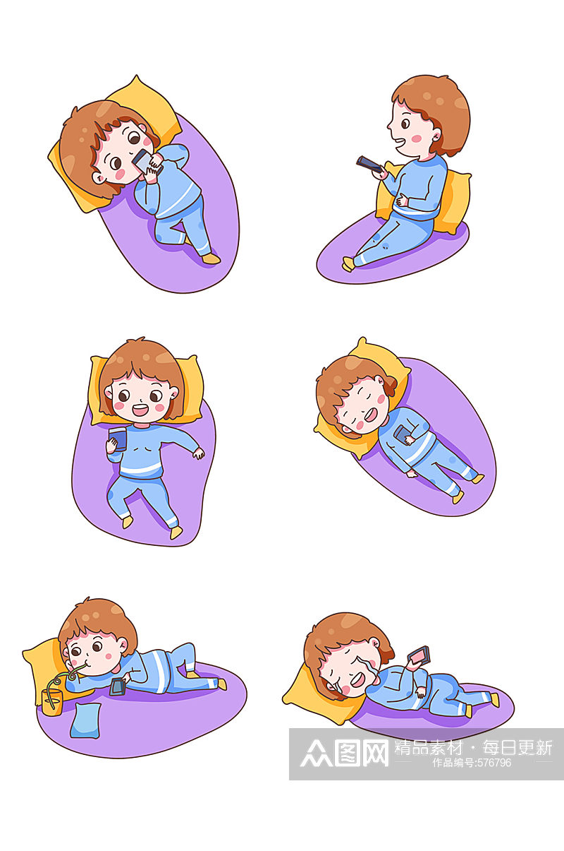 卡通手绘人物躺着玩手机女孩系列素材