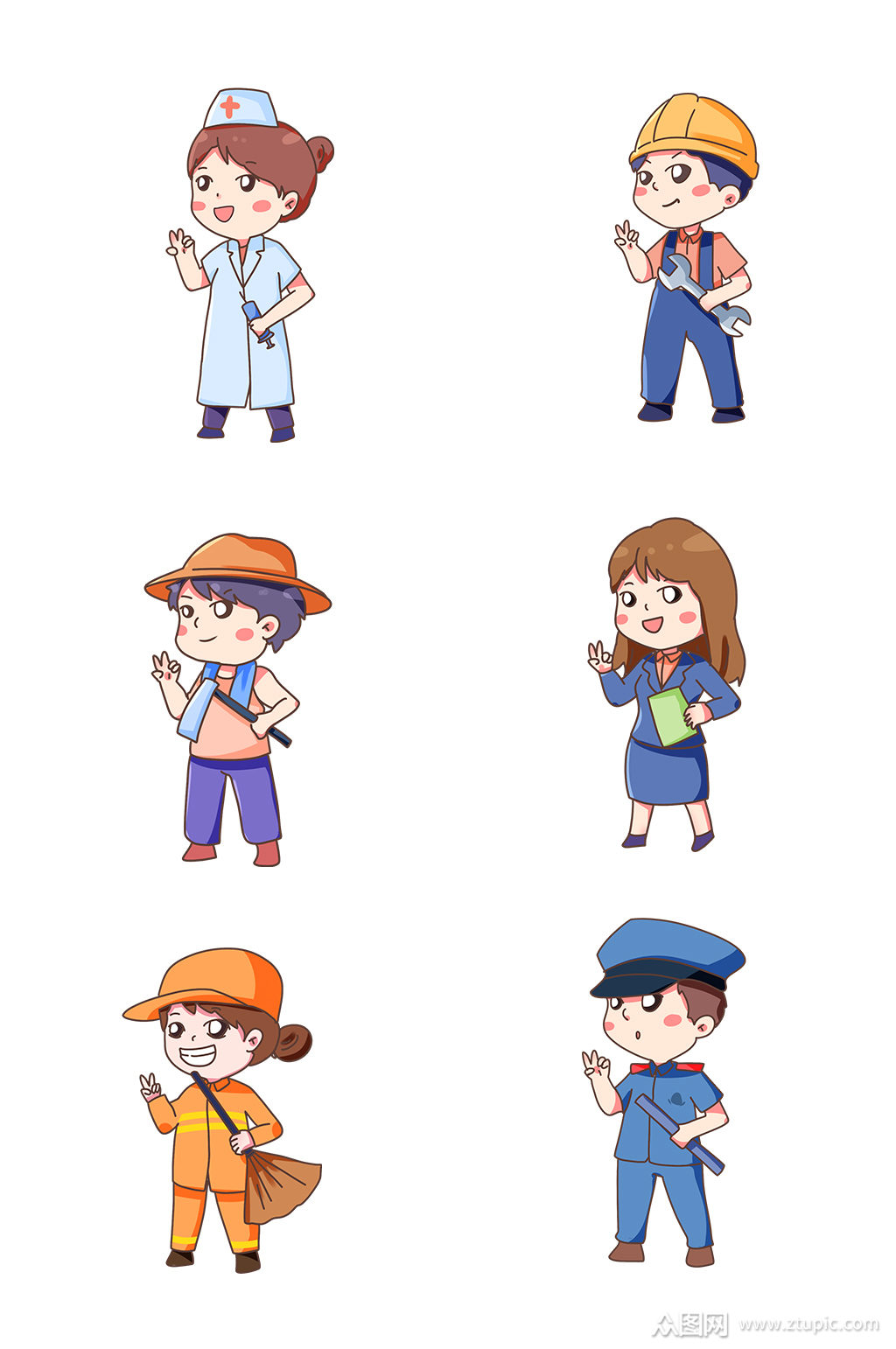 卡通劳动节扁平系职业人物合集五一劳动节素材元素