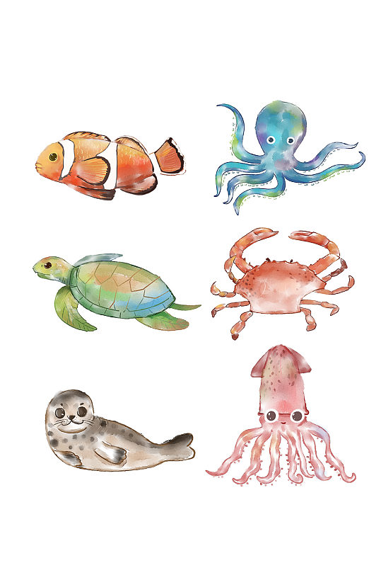 儿童水彩画海洋动物合集