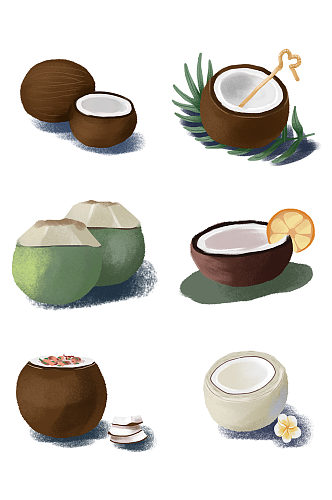 手绘卡通椰子夏天椰汁美食饮料