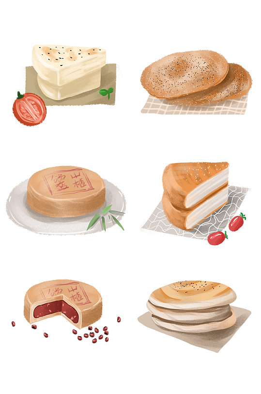 手绘套图美食锅盔甜点健康早餐主食-众图网