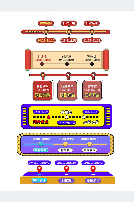 手绘风双十一预售活动时间轴购物攻略模板