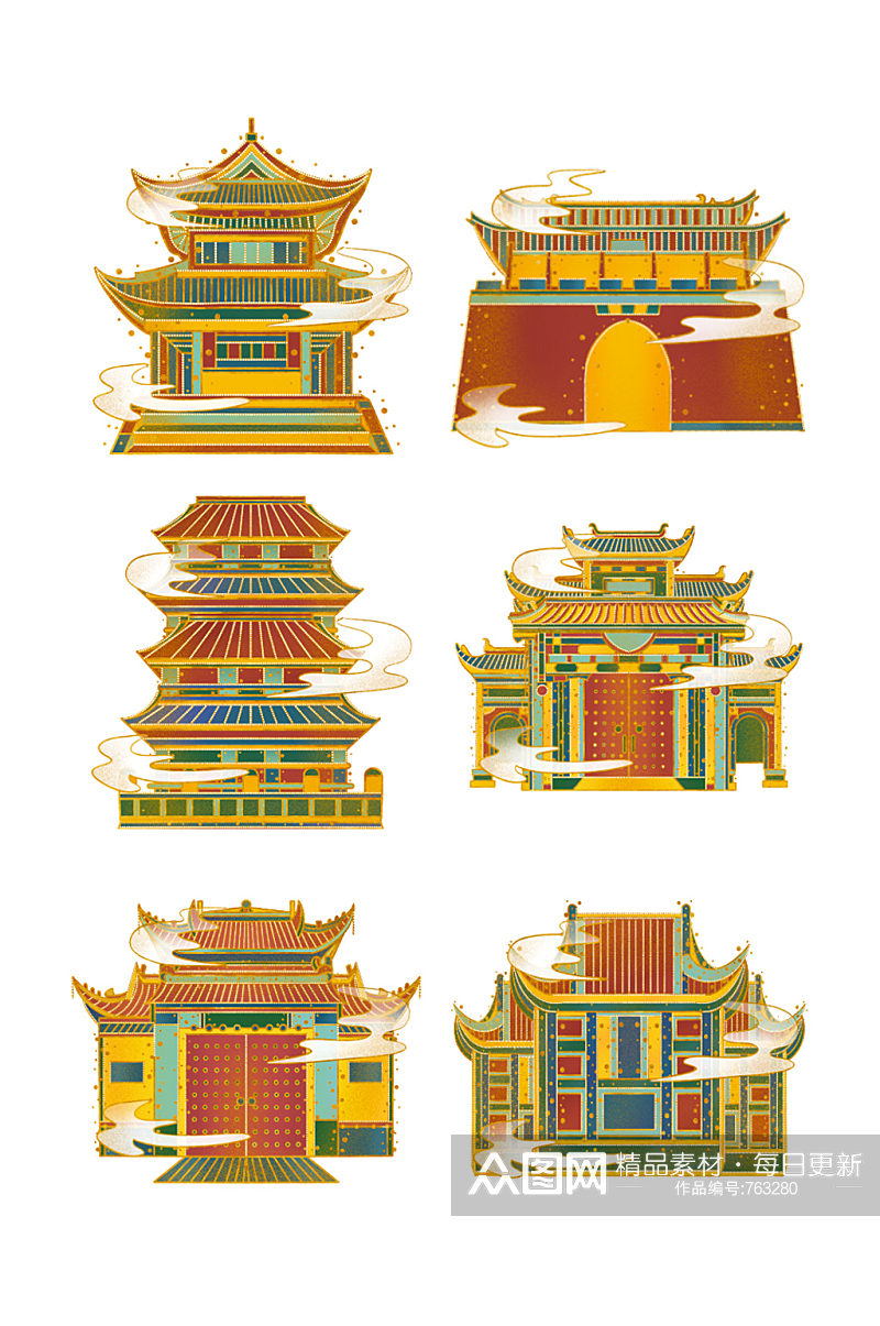手绘小清新中国风传统建筑城门素材