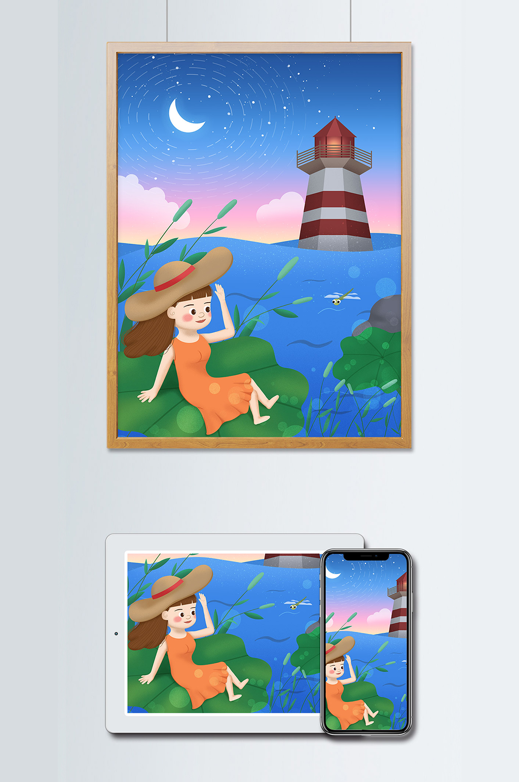 立夏夏夜的海灯塔手绘插画 插画素材下载 众图网