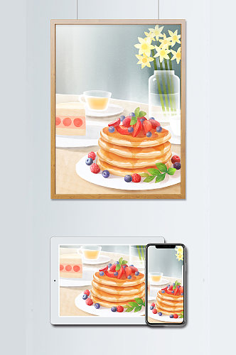 原创手绘水彩法式松饼美食插画背景图