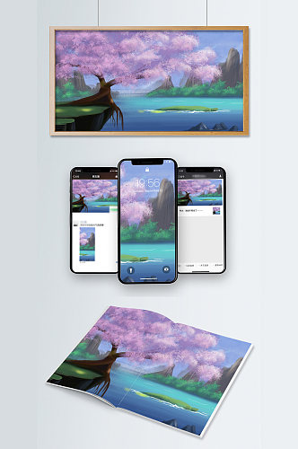 唯美樱花海边风景CG插画春天你好